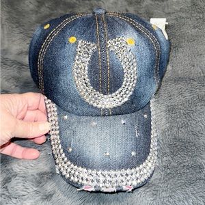 Denim Bling Crystal Horseshoe Semi Distressed Cap NWT